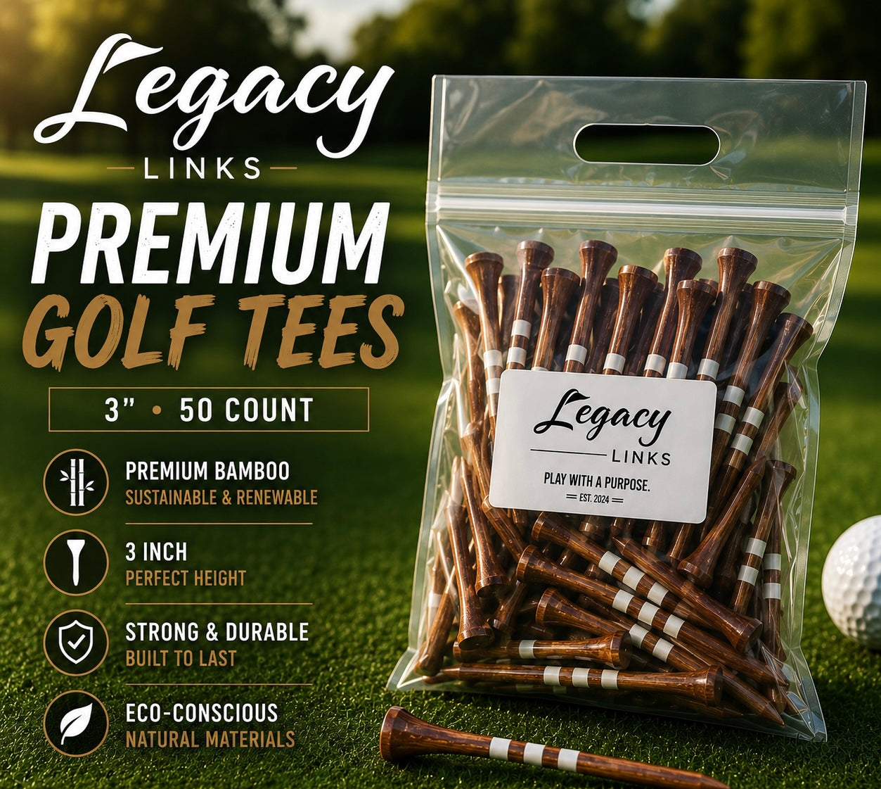 Legacy Links Premium Bamboo Golf Tees - 50 Count